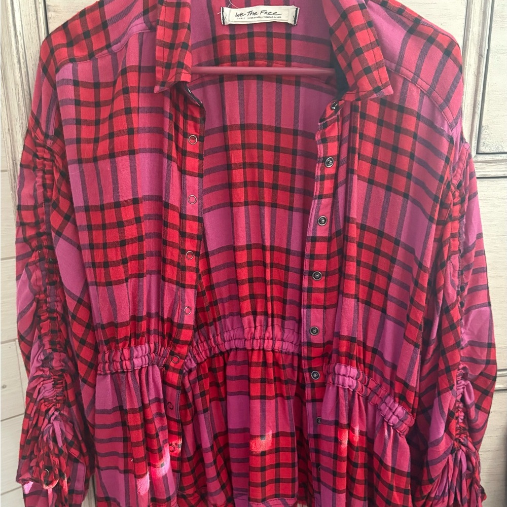 We The Free Red and Pink Plaid Shirt